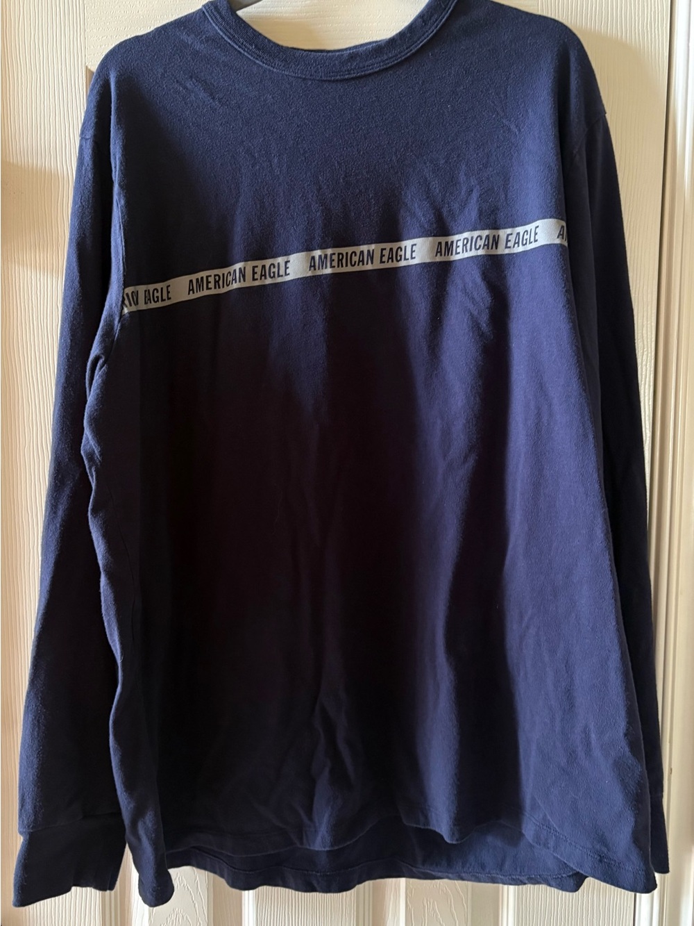 American Eagle Outfitters Navy Long-Sleeve Crew with Branded Chest Tape